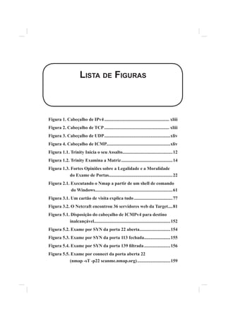 LISTA DE FIGURAS
Figura 1. Cabeçalho de IPv4......................................................... xliii
Figura 2. Cabeçalho de TCP......................................................... xliii
Figura 3. Cabeçalho de UDP..........................................................xliv
Figura 4. Cabeçalho de ICMP........................................................xliv
Figura 1.1. Trinity Inicia o seu Assalto............................................12
Figura 1.2. Trinity Examina a Matriz.............................................14
Figura 1.3. Fortes Opiniões sobre a Legalidade e a Moralidade
do Exame de Portas........................................................22
Figura 2.1. Executando o Nmap a partir de um shell de comando
do Windows....................................................................61
Figura 3.1. Um cartão de visita explica tudo..................................77
Figura 3.2. O Netcraft encontrou 36 servidores web da Target....81
Figura 5.1. Disposição do cabeçalho de ICMPv4 para destino
inalcançável...................................................................152
Figura 5.2. Exame por SYN da porta 22 aberta...........................154
Figura 5.3. Exame por SYN da porta 113 fechada.......................155
Figura 5.4. Exame por SYN da porta 139 ¿ltrada.......................156
Figura 5.5. Exame por connect da porta aberta 22
(nmap -sT -p22 scanme.nmap.org).............................159
 