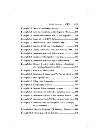 Lista de Exemplos — — XXXI
Exemplo 7.3. Detecção complexa de versão..................................234
Exemplo 7.4. Saída de exemplo do atalho da prova NULL.........240
Exemplo 7.5. Enumerando serviços de RPC com o rpcinfo........248
Exemplo 7.6. Exame direto de RPC do Nmap..............................249
Exemplo 7.7. Examinando a versão através de SSL....................250
Exemplo 8.1. Detecção de SO com verbosidade (-O -v)...............274
Exemplo 8.2. Usando o exame de versão para detectar o SO .....278
Exemplo 8.3. Uma típica impressão digital de tema....................305
Exemplo 8.4. Uma impressão digital de tema limpa....................306
Exemplo 8.5. Uma típica impressão digital de referência ...........309
Exemplo 8.6. Algumas descrições típicas de impressões digitais
e as classi¿cações correspondentes ........................313
Exemplo 8.7. A estrutura MatchPoints .........................................316
Exemplo 8.8. Resultados de exame num WAP de um cliente......324
Exemplo 9.1. Saída típica do NSE .................................................329
Exemplo 9.2. E/S no estilo de conexão...........................................382
Exemplo 9.3. Manipulação de mutex ............................................385
Exemplo 9.4. Exemplo de tratamento de exceções.......................386
Exemplo 9.5. Um comentário do NSEDoc para uma função......392
Exemplo 9.6. Um comentário do NSEDoc para um módulo.......393
Exemplo 9.7. Um comentário do NSEDoc para um script..........394
Exemplo 9.8. Um típico script de detecção de versão (detecção
do Skype versão 2)...................................................397
Exemplo 10.1. Detecção de portas TCP fechadas e ¿ltradas.......408
Exemplo 10.2. Exame porACK em Scanme .................................410
 