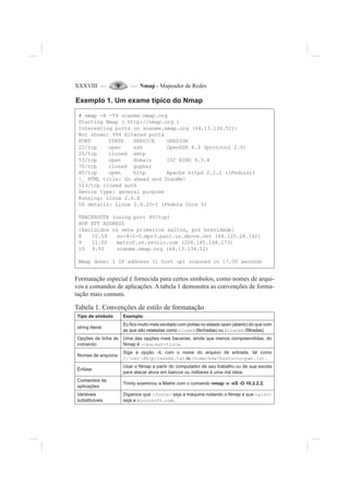 XXXVIII — — Nmap - Mapeador de Redes
Exemplo 1. Um exame típico do Nmap
# nmap -A -T4 scanme.nmap.org
Starting Nmap ( http://nmap.org )
Interesting ports on scanme.nmap.org (64.13.134.52):
Not shown: 994 ¿ltered ports
PORT STATE SERVICE VERSION
22/tcp open ssh OpenSSH 4.3 (protocol 2.0)
25/tcp closed smtp
53/tcp open domain ISC BIND 9.3.4
70/tcp closed gopher
80/tcp open http Apache httpd 2.2.2 ((Fedora))
|_ HTML title: Go ahead and ScanMe!
113/tcp closed auth
Device type: general purpose
Running: Linux 2.6.X
OS details: Linux 2.6.20-1 (Fedora Core 5)
TRACEROUTE (using port 80/tcp)
HOP RTT ADDRESS
[Excluídos os sete primeiros saltos, por brevidade]
8 10.59 so-4-2-0.mpr3.pao1.us.above.net (64.125.28.142)
9 11.00 metro0.sv.svcolo.com (208.185.168.173)
10 9.93 scanme.nmap.org (64.13.134.52)
Nmap done: 1 IP address (1 host up) scanned in 17.00 seconds
Formatação especial é fornecida para certos símbolos, como nomes de arqui-
vos e comandos de aplicações. A tabela 1 demonstra as convenções de forma-
tação mais comuns.
Tabela 1. Convenções de estilo de formatação
Tipo de símbolo Exemplo
string literal
Eu ¿co muito mais excitado com portas no estado open (aberto) do que com
as que são relatadas como closed (fechadas) ou ¿ltered (¿ltradas).
Opções de linha de
comando
Uma das opções mais bacanas, ainda que menos compreendidas, do
Nmap é --packet-trace.
Nomes de arquivos
Siga a opção -iL com o nome do arquivo de entrada, tal como
C:netdhcp-leases.txt ou /home/h4x/hosts-to-pwn.lst.
Ênfase
Usar o Nmap a partir do computador de seu trabalho ou de sua escola
para atacar alvos em bancos ou militares é uma má ideia.
Comandos de
aplicações
Trinity examinou a Matrix com o comando nmap -v -sS -O 10.2.2.2.
Variáveis
substituíveis
Digamos que <fonte> seja a máquina rodando o Nmap e que <alvo>
seja a microsoft.com.
 