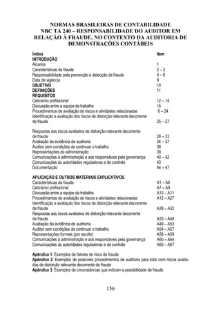 NORMAS BRASILEIRAS DE CONTABILIDADE 
NBC TA 240 – RESPONSABILIDADE DO AUDITOR EM 
RELAÇÃO À FRAUDE, NO CONTEXTO DA AUDITORIA DE 
DEMONSTRAÇÕES CONTÁBEIS 
Índice Item 
INTRODUÇÃO 
Alcance 1 
Características da fraude 2 – 3 
Responsabilidade pela prevenção e detecção de fraude 4 – 8 
Data de vigência 9 
OBJETIVO 10 
DEFINIÇÕES 11 
REQUISITOS 
Ceticismo profissional 12 – 14 
Discussão entre a equipe de trabalho 15 
Procedimentos de avaliação de riscos e atividades relacionadas 6 – 24 
Identificação e avaliação dos riscos de distorção relevante decorrente 
de fraude 25 – 27 
Respostas aos riscos avaliados de distorção relevante decorrente 
de fraude 28 – 33 
Avaliação da evidência de auditoria 34 – 37 
Auditor sem condições de continuar o trabalho 38 
Representações da administração 39 
Comunicações à administração e aos responsáveis pela governança 40 – 42 
Comunicações às autoridades reguladoras e de controle 43 
Documentação 44 – 47 
APLICAÇÃO E OUTROS MATERIAIS EXPLICATIVOS 
Características da fraude A1 – A6 
Ceticismo profissional A7 – A9 
Discussão entre a equipe de trabalho A10 – A11 
Procedimentos de avaliação de riscos e atividades relacionadas A12 – A27 
Identificação e avaliação dos riscos de distorção relevante decorrente 
de fraude A28 – A32 
Respostas aos riscos avaliados de distorção relevante decorrente 
de fraude A33 – A48 
Avaliação da evidência de auditoria A49 – A53 
Auditor sem condições de continuar o trabalho A54 – A57 
Representações formais (por escrito) A58 – A59 
Comunicações à administração e aos responsáveis pela governança A60 – A64 
Comunicações às autoridades reguladoras e de controle A65 – A67 
Apêndice 1: Exemplos de fatores de risco de fraude 
Apêndice 2: Exemplos de possíveis procedimentos de auditoria para lidar com riscos avalia-dos 
de distorção relevante decorrente de fraude 
Apêndice 3: Exemplos de circunstâncias que indicam a possibilidade de fraude 
156 
 
