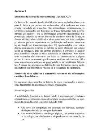Apêndice 1 
Exemplos de fatores de risco de fraude (ver item A25) 
Os fatores de risco de fraude identificados neste Apêndice são exem-plos 
de fatores que podem ser enfrentados pelos auditores em uma 
grande variedade de situações. São apresentados separadamente e-xemplos 
relacionados aos dois tipos de fraude relevantes para a consi-deração 
do auditor – isto é, informações contábeis fraudulentas e a-propriação 
indevida de ativos. Para cada um destes tipos de fraude, os 
fatores de risco são classificados ainda com base nas três condições 
geralmente presentes quando ocorrem distorções relevantes decorren-tes 
de fraude: (a) incentivos/pressões, (b) oportunidades, e (c) atitu-des/ 
racionalizações. Embora os fatores de risco abranjam um amplo 
leque de situações, eles são apenas exemplos e, portanto, o auditor 
pode identificar fatores de risco adicionais ou diferentes. Nem todos 
estes exemplos são relevantes em todas as circunstâncias e alguns 
podem ter mais ou menos significado em entidades de tamanho dife-rente 
ou com características de propriedade ou circunstâncias diferen-tes. 
A ordem dos exemplos de fatores de risco fornecidos não se desti-na 
a refletir sua importância relativa ou a frequência da ocorrência. 
Fatores de risco relativos a distorções relevantes de informações 
contábeis fraudulentas 
Os seguintes são exemplos de fatores de risco relacionados a distor-ções 
decorrentes de informação contábil fraudulenta. 
194 
Incentivos/pressões 
A estabilidade financeira ou lucratividade é ameaçada por condições 
operacionais, econômicas, ramo de negócio ou das condições de ope-ração 
da entidade como (ou como indicado por): 
· Alto nível de competição ou saturação do mercado, acompa-nhada 
por declínio da margem de retorno. 
· Alta vulnerabilidade a mudanças rápidas, tais como mudanças 
na tecnologia, na obsolescência de produtos ou nas taxas de ju-ros. 
 