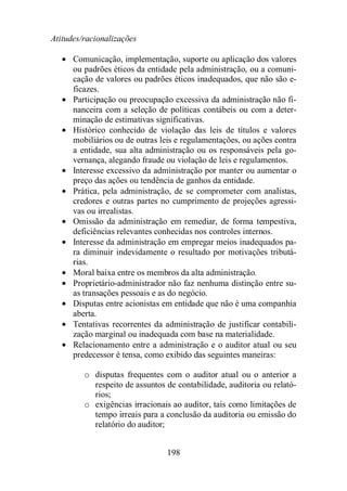 Atitudes/racionalizações 
· Comunicação, implementação, suporte ou aplicação dos valores 
ou padrões éticos da entidade pela administração, ou a comuni-cação 
de valores ou padrões éticos inadequados, que não são e-ficazes. 
· Participação ou preocupação excessiva da administração não fi-nanceira 
com a seleção de políticas contábeis ou com a deter-minação 
de estimativas significativas. 
· Histórico conhecido de violação das leis de títulos e valores 
mobiliários ou de outras leis e regulamentações, ou ações contra 
a entidade, sua alta administração ou os responsáveis pela go-vernança, 
alegando fraude ou violação de leis e regulamentos. 
· Interesse excessivo da administração por manter ou aumentar o 
preço das ações ou tendência de ganhos da entidade. 
· Prática, pela administração, de se comprometer com analistas, 
credores e outras partes no cumprimento de projeções agressi-vas 
198 
ou irrealistas. 
· Omissão da administração em remediar, de forma tempestiva, 
deficiências relevantes conhecidas nos controles internos. 
· Interesse da administração em empregar meios inadequados pa-ra 
diminuir indevidamente o resultado por motivações tributá-rias. 
· Moral baixa entre os membros da alta administração. 
· Proprietário-administrador não faz nenhuma distinção entre su-as 
transações pessoais e as do negócio. 
· Disputas entre acionistas em entidade que não é uma companhia 
aberta. 
· Tentativas recorrentes da administração de justificar contabili-zação 
marginal ou inadequada com base na materialidade. 
· Relacionamento entre a administração e o auditor atual ou seu 
predecessor é tensa, como exibido das seguintes maneiras: 
o disputas frequentes com o auditor atual ou o anterior a 
respeito de assuntos de contabilidade, auditoria ou relató-rios; 
o exigências irracionais ao auditor, tais como limitações de 
tempo irreais para a conclusão da auditoria ou emissão do 
relatório do auditor; 
 