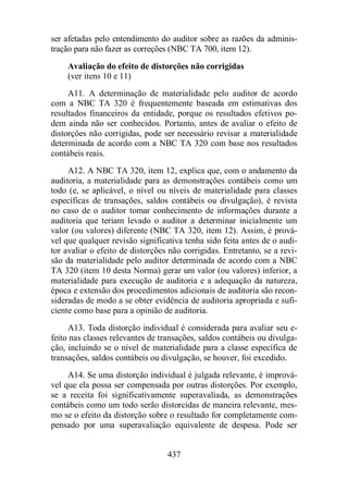 ser afetadas pelo entendimento do auditor sobre as razões da adminis-tração 
para não fazer as correções (NBC TA 700, item 12). 
Avaliação do efeito de distorções não corrigidas 
(ver itens 10 e 11) 
A11. A determinação de materialidade pelo auditor de acordo 
com a NBC TA 320 é frequentemente baseada em estimativas dos 
resultados financeiros da entidade, porque os resultados efetivos po-dem 
ainda não ser conhecidos. Portanto, antes de avaliar o efeito de 
distorções não corrigidas, pode ser necessário revisar a materialidade 
determinada de acordo com a NBC TA 320 com base nos resultados 
contábeis reais. 
A12. A NBC TA 320, item 12, explica que, com o andamento da 
auditoria, a materialidade para as demonstrações contábeis como um 
todo (e, se aplicável, o nível ou níveis de materialidade para classes 
específicas de transações, saldos contábeis ou divulgação), é revista 
no caso de o auditor tomar conhecimento de informações durante a 
auditoria que teriam levado o auditor a determinar inicialmente um 
valor (ou valores) diferente (NBC TA 320, item 12). Assim, é prová-vel 
que qualquer revisão significativa tenha sido feita antes de o audi-tor 
avaliar o efeito de distorções não corrigidas. Entretanto, se a revi-são 
da materialidade pelo auditor determinada de acordo com a NBC 
TA 320 (item 10 desta Norma) gerar um valor (ou valores) inferior, a 
materialidade para execução de auditoria e a adequação da natureza, 
época e extensão dos procedimentos adicionais de auditoria são recon-sideradas 
de modo a se obter evidência de auditoria apropriada e sufi-ciente 
como base para a opinião de auditoria. 
A13. Toda distorção individual é considerada para avaliar seu e-feito 
nas classes relevantes de transações, saldos contábeis ou divulga-ção, 
incluindo se o nível de materialidade para a classe específica de 
transações, saldos contábeis ou divulgação, se houver, foi excedido. 
A14. Se uma distorção individual é julgada relevante, é imprová-vel 
que ela possa ser compensada por outras distorções. Por exemplo, 
se a receita foi significativamente superavaliada, as demonstrações 
contábeis como um todo serão distorcidas de maneira relevante, mes-mo 
se o efeito da distorção sobre o resultado for completamente com-pensado 
por uma superavaliação equivalente de despesa. Pode ser 
437 
 