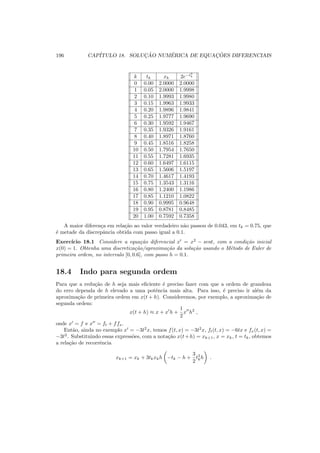 196 CAP´ITULO 18. SOLUC¸ ˜AO NUM´ERICA DE EQUAC¸ ˜OES DIFERENCIAIS
k tk xk 2e−t3
k
0 0.00 2.0000 2.0000
1 0.05 2.0000 1.9998
2 0.10 1.9993 1.9980
3 0.15 1.9963 1.9933
4 0.20 1.9896 1.9841
5 0.25 1.9777 1.9690
6 0.30 1.9592 1.9467
7 0.35 1.9326 1.9161
8 0.40 1.8971 1.8760
9 0.45 1.8516 1.8258
10 0.50 1.7954 1.7650
11 0.55 1.7281 1.6935
12 0.60 1.6497 1.6115
13 0.65 1.5606 1.5197
14 0.70 1.4617 1.4193
15 0.75 1.3543 1.3116
16 0.80 1.2400 1.1986
17 0.85 1.1210 1.0822
18 0.90 0.9995 0.9648
19 0.95 0.8781 0.8485
20 1.00 0.7592 0.7358
A maior diferen¸ca em rela¸c˜ao ao valor verdadeiro n˜ao passou de 0.043, em tk = 0.75, que
´e metade da discrepˆancia obtida com passo igual a 0.1.
Exerc´ıcio 18.1 Considere a equa¸c˜ao diferencial x′
= x2
− sent, com a condi¸c˜ao inicial
x(0) = 1. Obtenha uma discretiza¸c˜ao/aproxima¸c˜ao da solu¸c˜ao usando o M´etodo de Euler de
primeira ordem, no intervalo [0, 0.6], com passo h = 0.1.
18.4 Indo para segunda ordem
Para que a redu¸c˜ao de h seja mais eﬁciente ´e preciso fazer com que a ordem de grandeza
do erro dependa de h elevado a uma potˆencia mais alta. Para isso, ´e preciso ir al´em da
aproxima¸c˜ao de primeira ordem em x(t + h). Consideremos, por exemplo, a aproxima¸c˜ao de
segunda ordem:
x(t + h) ≈ x + x′
h +
1
2
x′′
h2
,
onde x′
= f e x′′
= ft + ffx.
Ent˜ao, ainda no exemplo x′
= −3t2
x, temos f(t, x) = −3t2
x, ft(t, x) = −6tx e fx(t, x) =
−3t2
. Substituindo essas express˜oes, com a nota¸c˜ao x(t+h) = xk+1, x = xk, t = tk, obtemos
a rela¸c˜ao de recorrˆencia
xk+1 = xk + 3tkxkh −tk − h +
3
2
t3
kh .
 