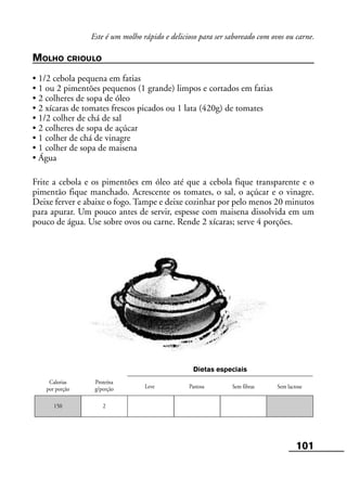 101
Leve Pastosa
Calorias
por porção
Proteína
g/porção Sem fibras Sem lactose
Dietas especiais
150 2
Este é um molho rápido e delicioso para ser saboreado com ovos ou carne.
MOLHO CRIOULO
• 1/2 cebola pequena em fatias
• 1 ou 2 pimentões pequenos (1 grande) limpos e cortados em fatias
• 2 colheres de sopa de óleo
• 2 xícaras de tomates frescos picados ou 1 lata (420g) de tomates
• 1/2 colher de chá de sal
• 2 colheres de sopa de açúcar
• 1 colher de chá de vinagre
• 1 colher de sopa de maisena
• Água
Frite a cebola e os pimentões em óleo até que a cebola fique transparente e o
pimentão fique manchado. Acrescente os tomates, o sal, o açúcar e o vinagre.
Deixe ferver e abaixe o fogo. Tampe e deixe cozinhar por pelo menos 20 minutos
para apurar. Um pouco antes de servir, espesse com maisena dissolvida em um
pouco de água. Use sobre ovos ou carne. Rende 2 xícaras; serve 4 porções.
 