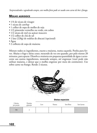 102
Leve Pastosa
Calorias
por porção
Proteína
g/porção Sem fibras Sem lactose
Dietas especiais
590 3
Surpreendendo e agradando sempre, este molho forte pode ser usado com carne de boi e frango.
MOLHO AGRIDOCE
• 1/4 de xícara de vinagre
• 1 xícara de catchup
• 1 colher de sopa de molho de soja
• 1/2 pimentão vermelho ou verde, em cubos
• 1/2 xícara de mel ou açúcar mascavo
• 1/2 colher de chá de sal
• 1 lata (228g) de rodelas de abacaxi (opcional)
• Água
• 2 colheres de sopa de maisena
Misture todos os ingredientes, exceto a maisena, numa caçarola. Ponha para fer-
ver. Abaixe o fogo e deixe cozer, mexendo de vez em quando, por pelo menos 20
minutos, para apurar. Dissolva a maisena em pequena quantidade de água e acres-
cente aos outros ingredientes, mexendo sempre, até engrossar (você pode não
utilizar maisena, e deixar que o molho engrosse por meio do cozimento). Use
sobre carne ou frango. Rende 2 xícaras.
 