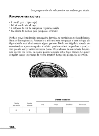 104
Leve Pastosa
Calorias
por porção
Proteína
g/porção Sem fibras Sem lactose
Dietas especiais
88 2
Estas panquecas têm alto valor protéico, sem nenhuma gota de leite.
PANQUECAS SEM LACTOSE
• 1 ovo (2 para o tipo crêpe)
• 1/2 xícara de leite de soja
• 2 colheres de chá de margarina vegetal derretida
• 1/2 xícara de mistura para panquecas sem leite
Ponha o ovo, o leite de soja e a margarina derretida na batedeira ou no liquidificador.
Bata até homogeneizar. Acrescente a mistura para panquecas e bata até que ela
fique úmida, mas ainda restem alguns grumos. Ponha em frigideira untada ou
com óleo (use apenas margarina sem leite, gordura animal ou gordura vegetal), e
vire quando estiver suficientemente firme. Deixe dourar do outro lado. Mante-
nha quente em forno, ou numa panela tampada sobre fogo brando. Se quiser
congelar, siga as instruções da receita anterior. Rende seis panquecas de 10 cm.
 