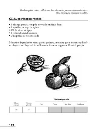 112
Leve Pastosa
Calorias
por porção
Proteína
g/porção Sem fibras Sem lactose
Dietas especiais
140 0
O sabor agridoce desta calda é uma boa alternativa para as caldas muito doces.
Ela é ótima para panquecas e waffles.
CALDA DE PÊSSEGO FRESCO
• 1 pêssego grande, sem pele e cortado em fatias finas
• 1 1
/2 colher de sopa de açúcar
• 1/4 de xícara de água
• 1 colher de chá de maisena
• Uma pitada de noz-moscada
Misture os ingredientes numa panela pequena, mexa até que a maisena se dissol-
va. Aquecer em fogo médio até levantar fervura e engrossar. Rende 1 porção.
 