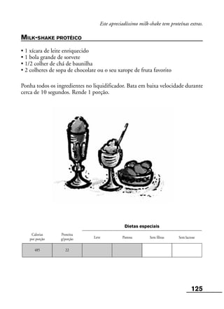 125
Leve Pastosa
Calorias
por porção
Proteína
g/porção Sem fibras Sem lactose
Dietas especiais
485 22
Este apreciadíssimo milk-shake tem proteínas extras.
MILK-SHAKE PROTÉICO
• 1 xícara de leite enriquecido
• 1 bola grande de sorvete
• 1/2 colher de chá de baunilha
• 2 colheres de sopa de chocolate ou o seu xarope de fruta favorito
Ponha todos os ingredientes no liquidificador. Bata em baixa velocidade durante
cerca de 10 segundos. Rende 1 porção.
 