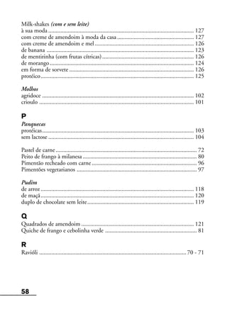 58
Milk-shakes (com e sem leite)
à sua moda ................................................................................................. 127
com creme de amendoim à moda da casa ................................................... 127
com creme de amendoim e mel.................................................................. 126
de banana .................................................................................................. 123
de mentirinha (com frutas cítricas)............................................................. 126
de morango................................................................................................ 124
em forma de sorvete ................................................................................... 126
protéico...................................................................................................... 125
Molhos
agridoce ..................................................................................................... 102
crioulo ....................................................................................................... 101
P
Panquecas
protéicas..................................................................................................... 103
sem lactose ................................................................................................. 104
Pastel de carne.............................................................................................. 72
Peito de frango à milanesa ............................................................................ 80
Pimentão recheado com carne...................................................................... 96
Pimentões vegetarianos ................................................................................ 97
Pudim
de arroz ...................................................................................................... 118
de maçã...................................................................................................... 120
duplo de chocolate sem leite....................................................................... 119
Q
Quadrados de amendoim ........................................................................... 121
Quiche de frango e cebolinha verde ............................................................. 81
R
Ravióli ..................................................................................................70 - 71
 