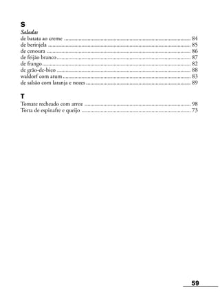 59
S
Saladas
de batata ao creme ....................................................................................... 84
de berinjela .................................................................................................. 85
de cenoura ................................................................................................... 86
de feijão branco............................................................................................ 87
de frango...................................................................................................... 82
de grão-de-bico ............................................................................................ 88
waldorf com atum........................................................................................ 83
de salsão com laranja e nozes ........................................................................ 89
T
Tomate recheado com arroz ......................................................................... 98
Torta de espinafre e queijo ........................................................................... 73
 