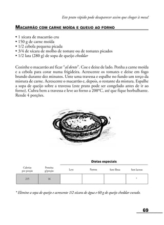 69
Calorias
por porção
Proteína
g/porção Sem fibras Sem lactose
Dietas especiais
215 16 *
Este prato rápido pode desaparecer assim que chegar à mesa!
MACARRÃO COM CARNE MOÍDA E QUEIJO AO FORNO
• 1 xícara de macarrão cru
• 150 g de carne moída
• 1/2 cebola pequena picada
• 3/4 de xícara de molho de tomate ou de tomates picados
• 1/2 lata (280 g) de sopa de queijo cheddar
Cozinhe o macarrão até ficar “al dente”. Coe e deixe de lado. Ponha a carne moída
e a cebola para corar numa frigideira. Acrescente os tomates e deixe em fogo
brando durante dez minutos. Unte uma travessa e espalhe no fundo um terço da
mistura de carne. Acrescente o macarrão e, depois, o restante da mistura. Espalhe
a sopa de queijo sobre a travessa (este prato pode ser congelado antes de ir ao
forno). Cubra bem a travessa e leve ao forno a 200°C, até que fique borbulhante.
Rende 4 porções.
* Elimine a sopa de queijo e acrescente 1/2 xícara de água e 60 g de queijo cheddar curado.
Leve Pastosa
 