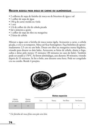 74
Calorias
por porção
Proteína
g/porção Sem fibras Sem lactose
Dietas especiais
125 13 *
RECEITA BÁSICA PARA BOLO DE CARNE OU ALMÔNDEGAS
• 2 colheres de sopa de farinha de rosca ou de biscoitos de água e sal
• 1 colher de sopa de água
• 150 g de carne moída ou vitela
• 1 ovo
• 1/4 de colher de chá de cebola picada
• Sal e pimenta a gosto
• 1 colher de sopa de óleo ou margarina
• 2 fatias de cebola
Misture a água com a farinha de rosca numa tigela. Acrescente a carne, a cebola
picada, o ovo e os temperos. Mexa até ficar homogêneo. Faça bolinhos de aproxi-
madamente 2,5 cm ou um bolo. Doure em óleo ou margarina numa frigideira,
virando para dourar os dois lados. Acrescente as fatias de cebola, abaixe o fogo,
cubra e deixe pelo menos 15 minutos (30 minutos no caso do bolo). Também
pode ser assado a 170°C. Se forem almôndegas, asse durante 30 minutos, virando
depois de 15 minutos. Se for o bolo, asse durante uma hora. Pode ser congelado
cru ou cozido. Rende 4 porções.
* Use farinha de rosca feita com pão sem leite.
Leve Pastosa
 