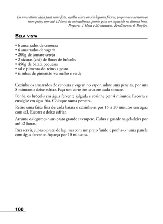 100
Eis uma ótima idéia para uma festa: escolha cinco ou seis legumes frescos, prepare-os e arrume-os
num prato, com até 12 horas de antecedência, pronto para ser aquecido na última hora.
Preparo: 1 Hora e 20 minutos. Rendimento: 6 Porções.
BELA VISTA
• 6 amarrados de cenoura
• 6 amarrados de vagem
• 200g de tomate-cereja
• 2 xícaras (chá) de flores de brócolis
• 450g de batata pequena
• sal e pimenta-do-reino a gosto
• tirinhas de pimentão vermelho e verde
Cozinhe os amarrados de cenoura e vagem no vapor, sobre uma peneira, por uns
8 minutos e deixe esfriar. Faça um corte em cruz em cada tomate.
Ponha os brócolis em água fervente salgada e cozinhe por 4 minutos. Escorra e
enxágüe em água fria. Coloque numa peneira.
Retire uma faixa fina de cada batata e cozinhe-as por 15 a 20 minutos em água
com sal. Escorra e deixe esfriar.
Arrume os legumes num prato grande e tempere. Cubra e guarde na geladeira por
até 12 horas.
Para servir, cubra o prato de legumes com um prato fundo e ponha-o numa panela
com água fervente. Aqueça por 10 minutos.
 