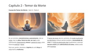 Capítulo 2 - Temor da Morte
Causas do Temor da Morte - Item 4 - Parte 2
Se, ao contrário, concentrarmos o pensamento, não no
corpo, mas na alma, fonte da vida, ser real a tudo
sobrevivente, lastimaremos menos a perda do corpo, antes
fonte de misérias e dores.
Para isso, porém, necessita o Espírito de uma força só
adquirível na madureza.
O temor da morte decorre, portanto, da noção insuficiente
da vida futura, embora denote também a necessidade de
viver e o receio da destruição total; igualmente o estimula
secreto anseio pela sobrevivência da alma, velado ainda
pela incerteza.
 