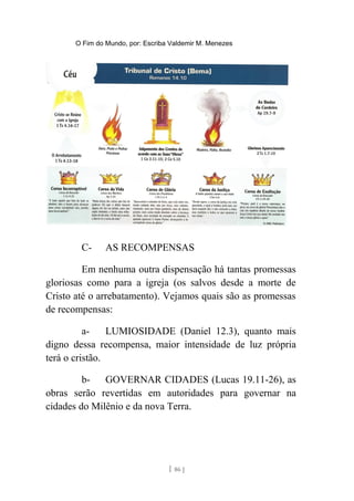 O Fim do Mundo, por: Escriba Valdemir M. Menezes
C- AS RECOMPENSAS
Em nenhuma outra dispensação há tantas promessas
gloriosas como para a igreja (os salvos desde a morte de
Cristo até o arrebatamento). Vejamos quais são as promessas
de recompensas:
a- LUMIOSIDADE (Daniel 12.3), quanto mais
digno dessa recompensa, maior intensidade de luz própria
terá o cristão.
b- GOVERNAR CIDADES (Lucas 19.11-26), as
obras serão revertidas em autoridades para governar na
cidades do Milênio e da nova Terra.
[ 86 ]
 