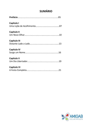 SUMÁRIO
Prefácio...................................................................05
Capítulo I
Uma Lição de Acolhimento.......................................07
Capítulo II
Um Novo Olhar.........................................................10
Capítulo III
Distante Lado a Lado................................................13
Capítulo IV
Surge um Nome.......................................................16
Capítulo V
Um Dia Libertador....................................................19
Capítulo VI
A Festa Completa.....................................................21
 