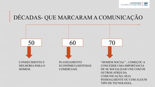 DÉCADAS- QUE MARCARAM A COMUNICAÇÃO
50 7060
CONHECIMENTO E
MELHORIA PARA O
HOMEM.
PLANEJAMENTO
ECONÔMICO,SISTEMAS
COMERCIAIS.
“HOMEM SOCIAL” , COMEÇOU A
CONCEDER UMA IMPORTANCIA
DE SE SOCIALIZAR UNS COM OS
OUTROS ATRES DA
COMUNICAÇÃO, SEJA
PESSOALMENTE OU COM ALGUM
TIPO DE TECNOLOGIA.
 