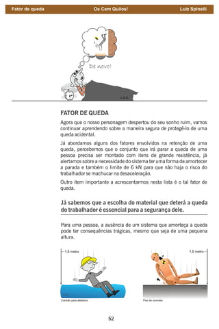 52
FATOR DE QUEDA
Agora que o nosso personagem despertou do seu sonho ruim, vamos
continuar aprendendo sobre a maneira segura de protegê-lo de uma
queda acidental.
Já abordamos alguns dos fatores envolvidos na retenção de uma
queda, percebemos que o conjunto que irá parar a queda de uma
pessoa precisa ser montado com itens de grande resistência, já
alertamos sobre a necessidade do sistema ter uma forma de amortecer
a parada e também o limite de 6 kN para que não haja o risco do
trabalhador se machucar na desaceleração.
Outro item importante a acrescentarmos nesta lista é o tal fator de
queda.
Já sabemos que a escolha do material que deterá a queda
do trabalhador é essencial para a segurança dele.
Para uma pessoa, a ausência de um sistema que amorteça a queda
pode ter consequências trágicas, mesmo que seja de uma pequena
altura.
Fator de queda Os Cem Quilos! Luiz Spinelli
 