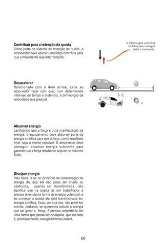 68
Desacelerar
Relacionado com o item acima, cabe ao
absorvedor fazer com que, num determinado
intervalo de tempo e distância, a diminuição da
velocidade seja gradual .
Absorver energia
Lembrando que a força é uma manifestação da
energia, o equipamento deve absorver parte da
energia cinética para que a força, como resultado
nal, seja a menor possível. O absorvedor deve
conseguir absorver energia suciente para
garantir que a força resultante seja de no máximo
6 kN.
Dissipar energia
Pela física, a lei ou princípio da conservação de
energia diz que ela não pode ser criada ou
destruída, apenas ser transformada. Isto
signica que na queda de um trabalhador a
energia já existe na forma de energia potencial, e
ao começar a queda ela será transformada em
energia cinética. Essa, por sua vez, não pode ser
extinta, portanto, se queremos reduzir a energia
que vai gerar a força, é preciso convertê-la em
uma forma que possa ser dissipada, que no caso
é, principalmente, energia térmica (calor).
Contribuir para a retenção da queda
Como parte do sistema de retenção de queda, o
absorvedor deve aplicar uma força contrária para
que o movimento seja interrompido.
O sistema gera uma força
contrária para conseguir
deter o movimento.
L.E.S.
 