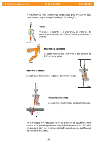 82
A incumbência dos laboratórios acreditados pelo INMETRO são,
basicamente, seguir as seguintes etapas de avaliação:
Visual
Verica-se o desenho e a ergonomia, os materiais de
construção, a marcação e as informações que acompanham o
produto.
L.E.S.
Resistência estática
São aplicadas determinadas forças por determinado tempo.
Resistência a corrosão
As peças metálicas são submetidas a dois períodos de
24 h em névoa salina.
L.E.S.
Resistência dinâmica
O equipamento é submetido a quedas consecutivas.
No Certicado de Aprovação (CA) do cinturão de segurança deve
constar a lista de equipamentos acessórios que podem ser utilizados
em conjunto com ele, e com os respectivos números de certicação
pelo sistema INMETRO.
Ensaio de equipamentos Os Cem Quilos! Luiz Spinelli
 