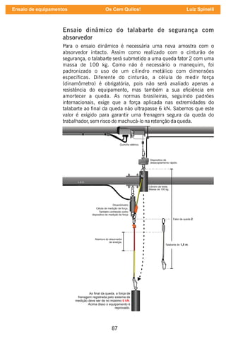 87
Ensaio dinâmico do talabarte de segurança com
absorvedor
Para o ensaio dinâmico é necessária uma nova amostra com o
absorvedor intacto. Assim como realizado com o cinturão de
segurança, o talabarte será submetido a uma queda fator 2 com uma
massa de 100 kg. Como não é necessário o manequim, foi
padronizado o uso de um cilindro metálico com dimensões
especícas. Diferente do cinturão, a célula de medir força
(dinamômetro) é obrigatória, pois não será avaliado apenas a
resistência do equipamento, mas também a sua eciência em
amortecer a queda. As normas brasileiras, seguindo padrões
internacionais, exige que a força aplicada nas extremidades do
talabarte ao nal da queda não ultrapasse 6 kN. Sabemos que este
valor é exigido para garantir uma frenagem segura da queda do
trabalhador, sem risco de machucá-lo na retenção da queda.
Ensaio de equipamentos Os Cem Quilos! Luiz Spinelli
 