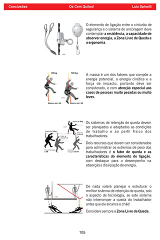 105
O elemento de ligação entre o cinturão de
segurança e o sistema de ancoragem deve
contemplar a resistência, a capacidade de
absorver energia, a Zona Livre de Queda e
a ergonomia.
A massa é um dos fatores que compõe a
energia potencial, a energia cinética e a
força de impacto, portanto deve ser
considerado, e com atenção especial aos
casos de pessoas muito pesadas ou muito
leves.
Os sistemas de retenção de queda devem
ser planejados e adaptados as condições
de trabalho e ao perl físico dos
trabalhadores.
Dois recursos que devem ser considerados
para administrar os extremos de peso dos
trabalhadores é o fator de queda e as
características do elemento de ligação,
com destaque para o desempenho na
absorção e dissipação de energia.
De nada valerá planejar e estruturar o
melhor sistema de retenção de queda, sob
o aspecto de tecnologia, se este sistema
não interromper a queda do trabalhador
antes que ele alcance o chão!
Considere sempre a Zona Livre de Queda.
Conclusões Os Cem Quilos! Luiz Spinelli
 