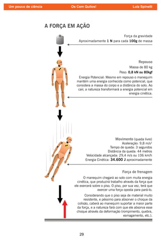 29
A FORÇA EM AÇÃO
Força da gravidade
Aproximadamente 1 N para cada 100g de massa
Repouso
Massa de 80 kg
Peso: 0,8 kN ou 80kgf
Energia Potencial: Mesmo em repouso o manequim
mantém uma energia conhecida como potencial, que
considera a massa do corpo e a distância do solo. Ao
cair, a natureza transformará a energia potencial em
energia cinética.
Movimento (queda livre)
Aceleração: 9,8 m/s²
Tempo de queda: 3 segundos
Distância da queda: 44 metros
Velocidade alcançada: 29,4 m/s ou 106 km/h
Energia Cinética: 34.600 J aproximadamente
Força de frenagem
O manequim chegará ao solo com muita energia
cinética, que produzirá trabalho através da força que
ele exercerá sobre o piso. O piso, por sua vez, terá que
exercer uma força oposta para pará-lo.
Considerando que o piso seja de material muito
resistente, e péssimo para absorver o choque da
colisão, caberá ao manequim suportar a maior parte
da força, e a natureza fará com que ele absorva esse
choque através da deformação (rompimento, quebra,
esmagamento, etc.).
Um pouco de ciência Os Cem Quilos! Luiz Spinelli
 