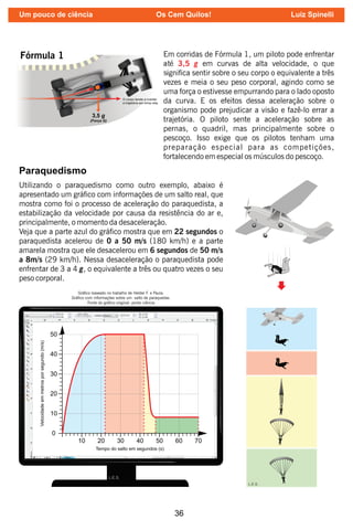 36
Em corridas de Fórmula 1, um piloto pode enfrentar
até em curvas de alta velocidade, o que
3,5 g
signica sentir sobre o seu corpo o equivalente a três
vezes e meia o seu peso corporal, agindo como se
uma força o estivesse empurrando para o lado oposto
da curva. E os efeitos dessa aceleração sobre o
organismo pode prejudicar a visão e fazê-lo errar a
trajetória. O piloto sente a aceleração sobre as
pernas, o quadril, mas principalmente sobre o
pescoço. Isso exige que os pilotos tenham uma
preparação especial para as competições,
fortalecendo em especial os músculos do pescoço.
Fórmula 1
Paraquedismo
Utilizando o paraquedismo como outro exemplo, abaixo é
apresentado um gráco com informações de um salto real, que
mostra como foi o processo de aceleração do paraquedista, a
estabilização da velocidade por causa da resistência do ar e,
principalmente, o momento da desaceleração.
Veja que a parte azul do gráco mostra que em 22 segundos o
paraquedista acelerou de 0 a 50 m/s (180 km/h) e a parte
amarela mostra que ele desacelerou em 6 segundos de 50 m/s
a 8m/s (29 km/h). Nessa desaceleração o paraquedista pode
enfrentar de 3 a 4 g, o equivalente a três ou quatro vezes o seu
peso corporal.
Gráco baseado no trabalho de Helder F. e Paula.
Gráco com informações sobre um salto de paraquedas.
Fonte do gráco original: ponto ciência
Um pouco de ciência Os Cem Quilos! Luiz Spinelli
 