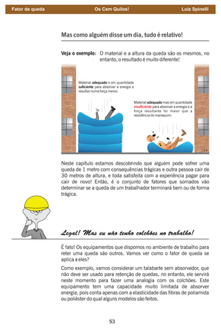 53
Mas como alguém disse um dia, tudo é relativo!
Neste capítulo estamos descobrindo que alguém pode sofrer uma
queda de 1 metro com consequências trágicas e outra pessoa cair de
30 metros de altura, e toda satisfeita com a experiência pagar para
cair de novo! Então, é o conjunto de fatores que somados vão
determinar se a queda de um trabalhador terminará bem ou de forma
trágica.
O material e a altura da queda são os mesmos, no
entanto, o resultado é muito diferente!
Veja o exemplo:
Material adequado e em quantidade
suciente para absorver a energia e
resultar numa força menor.
Material adequado mas em quantidade
insuciente para absorver a energia e a
força resultante foi maior que a
resistência do manequim.
Legal! Mas eu não tenho colchões no trabalho!
É fato! Os equipamentos que dispomos no ambiente de trabalho para
reter uma queda são outros. Vamos ver como o fator de queda se
aplica a eles?
Como exemplo, vamos considerar um talabarte sem absorvedor, que
não deve ser usado para retenção de quedas, no entanto, ele servirá
neste momento para fazer uma analogia com os colchões. Este
equipamento tem uma capacidade muito limitada de absorver
energia, pois conta apenas com a elasticidade das bras de poliamida
ou poliéster do qual alguns modelos são feitos.
Fator de queda Os Cem Quilos! Luiz Spinelli
 