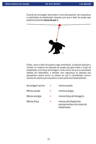 77
L.E.S.
O ponto de ancoragem deve estar o mais alto possível, sem prejudicar
a mobilidade do trabalhador, fazendo com que o fator de queda seja
preferencialmente menor do que 1.
Então, como o fator de queda é algo controlável, é possível planejar e
montar um sistema de retenção de queda que gere sobre o corpo do
trabalhador uma força de frenagem muito menor do que os resultados
obtidos em laboratório, e atender com segurança as pessoas que
apresentam pesos acima ou abaixo do que é considerado comum
(escala de valores que enquadra a maior parte dos trabalhadores).
Ancoragem acima menos queda;
=
Menos queda menos energia;
=
Menos energia menos força de frenagem;
=
Menos força menos solicitação dos
=
equipamentos e do corpo do
trabalhador.
Absorvedores de energia Os Cem Quilos! Luiz Spinelli
 