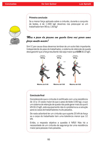 93
Primeira conclusão
Se a menor força aplicada sobre o cinturão, durante o conjunto
de testes, é de 1.000 kgf, devemos nos preocupar se um
trabalhador tem 90 ou 130 kg?
Mas o peso da pessoa em queda livre vai gerar uma
força muito maior!
Sim! E por causa disso devemos lembrar de um outro fato importante.
Independente do peso do trabalhador, o sistema de retenção de queda
deve garantir que a força resultante não seja maior que 6 kN (612 kgf).
Conclusão nal
Considerando que o cinturão é certicado com uma resistência
de 10 a 15 vezes maior do que o peso de teste (100 kg), e que
um sistema de retenção de queda não pode gerar mais do que 6
kN (612 kgf), este equipamento não é o problema ou a solução
para os casos de trabalhadores muito pesados.
De nada adiantará ter um cinturão que suporte 20 kN de força
se o corpo do trabalhador tem uma tolerância menor que 12
kN.
Então, a resposta objetiva a questão é NÃO! Não há a
necessidade de um cinturão de segurança ter uma resistência
maior para pessoas mais pesadas.
Conclusões Os Cem Quilos! Luiz Spinelli
 