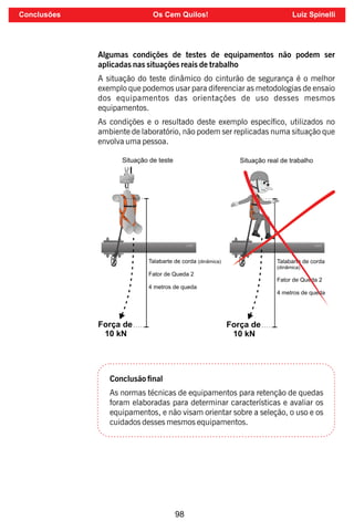 98
Algumas condições de testes de equipamentos não podem ser
aplicadas nas situações reais de trabalho
A situação do teste dinâmico do cinturão de segurança é o melhor
exemplo que podemos usar para diferenciar as metodologias de ensaio
dos equipamentos das orientações de uso desses mesmos
equipamentos.
As condições e o resultado deste exemplo especíco, utilizados no
ambiente de laboratório, não podem ser replicadas numa situação que
envolva uma pessoa.
Conclusão nal
As normas técnicas de equipamentos para retenção de quedas
foram elaboradas para determinar características e avaliar os
equipamentos, e não visam orientar sobre a seleção, o uso e os
cuidados desses mesmos equipamentos.
Conclusões Os Cem Quilos! Luiz Spinelli
 