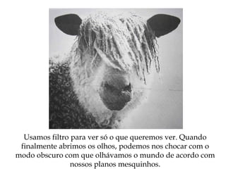 Usamos filtro para ver só o que queremos ver. Quando
finalmente abrimos os olhos, podemos nos chocar com o
modo obscuro com que olhávamos o mundo de acordo com
nossos planos mesquinhos.
 