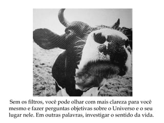 Sem os filtros, você pode olhar com mais clareza para você
mesmo e fazer perguntas objetivas sobre o Universo e o seu
lugar nele. Em outras palavras, investigar o sentido da vida.
 