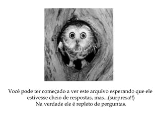 Você pode ter começado a ver este arquivo esperando que ele
estivesse cheio de respostas, mas...(surpresa!!)
Na verdade ele é repleto de perguntas.
 