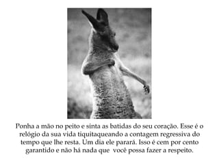 Ponha a mão no peito e sinta as batidas do seu coração. Esse é o
relógio da sua vida tiquitaqueando a contagem regressiva do
tempo que lhe resta. Um dia ele parará. Isso é cem por cento
garantido e não há nada que você possa fazer a respeito.
 