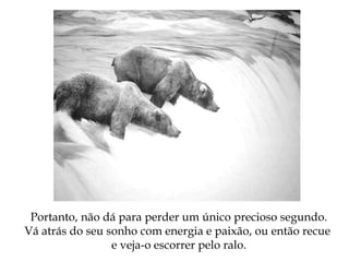 Portanto, não dá para perder um único precioso segundo.
Vá atrás do seu sonho com energia e paixão, ou então recue
e veja-o escorrer pelo ralo.
 