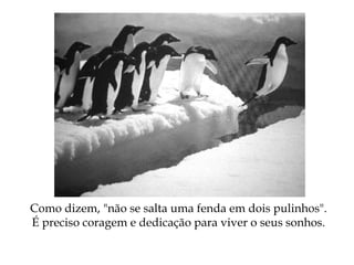 Como dizem, "não se salta uma fenda em dois pulinhos".
É preciso coragem e dedicação para viver o seus sonhos.
 