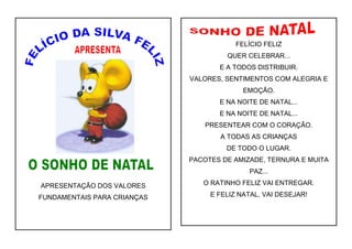 APRESENTAÇÃO DOS VALORES
FUNDAMENTAIS PARA CRIANÇAS
FELÍCIO FELIZ
QUER CELEBRAR...
E A TODOS DISTRIBUIR.
VALORES, SENTIMENTOS COM ALEGRIA E
EMOÇÃO.
E NA NOITE DE NATAL...
E NA NOITE DE NATAL...
PRESENTEAR COM O CORAÇÃO.
A TODAS AS CRIANÇAS
DE TODO O LUGAR.
PACOTES DE AMIZADE, TERNURA E MUITA
PAZ...
O RATINHO FELIZ VAI ENTREGAR.
E FELIZ NATAL, VAI DESEJAR!
 