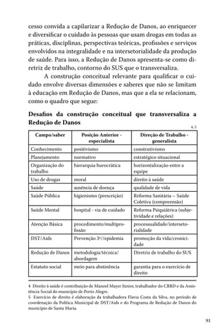 91
cesso convida a capilarizar a Redução de Danos, ao enriquecer
e diversificar o cuidado às pessoas que usam drogas em todas as
práticas, disciplinas, perspectivas teóricas, profissões e serviços
envolvidos na integralidade e na intersetorialidade da produção
de saúde. Para isso, a Redução de Danos apresenta-se como di-
retriz de trabalho, contorno do SUS que o transversaliza.
A construção conceitual relevante para qualificar o cui-
dado envolve diversas dimensões e saberes que não se limitam
à educação em Redução de Danos, mas que a ela se relacionam,
como o quadro que segue:
Desafios da construção conceitual que transversaliza a
Redução de Danos
Campo/saber Posição Anterior -
especialista
Direção de Trabalho -
generalista
Conhecimento positivismo construtivismo
Planejamento normativo estratégico situacional
Organização do
trabalho
hierarquia burocrática horizontalização entre a
equipe
Uso de drogas moral direito à saúde
Saúde ausência de doença qualidade de vida
Saúde Pública higienismo (prescrição) Reforma Sanitária – Saúde
Coletiva (compreensão)
Saúde Mental hospital - via de cuidado Reforma Psiquiátrica (subje-
tividade e relações)
Atenção Básica procedimento/multipro-
fissão
processualidade/interseto-
rialidade
DST/Aids Prevenção 3ª//epidemia promoção da vida/cronici-
dade
Redução de Danos metodologia/técnica/
abordagem
Diretriz de trabalho do SUS
Estatuto social meio para abstinência garantia para o exercício de
direito
4 Direito à saúde é contribuição de Manoel Mayer Júnior, trabalhador do CRRD e da Assis-
tência Social do município de Porto Alegre.
5 Exercício de direito é elaboração da trabalhadora Flavia Costa da Silva, no período de
coordenação da Política Municipal de DST/Aids e do Programa de Redução de Danos do
município de Santa Maria.
4, 5
 