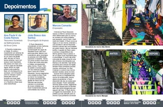 PrestaçãodeContas
TransparênciaPública
GovernoPauloAlexandre
Barbosa•2013/2020
200 201
Depoimentos
Marcos Camarão
Empresário
A família do Paulo Alexandre
nasceu no Morro e sempre teve um
olhar diferenciado para os morros,
ao contrário de muitos prefeitos
que passaram, que só viam o lado
nobre da Cidade. O Paulo nunca se
negou a vir aos morros, entender o
que acontece e até de frequentar
eventos culturais das comunidades
por gosto mesmo, não por interesse
político. A gestão do Paulo vestiu
a camisa, a Subprefeitura dos
Morros ganhou força e passou a
ter um papel muito importante para
a comunidade. O morro não tinha
uma pista de skate e essa foi uma
das primeiras reivindicações que
fizemos e foi atendida, hoje temos
escolinha para crianças da região,
também foram entregues escolas,
creches, policlínicas, as Vilas
Criativas e o entorno dos morros
também recebeu obras incríveis.
Quando fomos atingidos pelas
fortes chuvas e a fragilidade dos
morros foi evidenciada, mesmo
diante da pandemia, o Paulo
Alexandre não deu as costas para
essa situação. Foram realizadas
diversas ações sociais, pagamento
de auxílio aluguel para as famílias,
além das obras emergenciais que
seguem até hoje. O Paulo deixou
um legado de simplicidade, de um
prefeito que deu atenção para os
morros e que podíamos conversar.
João Bosco dos
Santos
Encarregado da limpeza
O Paulo Alexandre é
considerado um dos melhores
prefeitos de Santos. A
reurbanização da Lagoa da
Saudade trouxe vida nova
para essa área. Mesmo com
a pandemia, gerou empregos,
as pessoas com dificuldade
passaram a trabalhar. Temos
um ponto turístico muito bom!
O Paulo fez muita coisa para
a Cidade, principalmente,
pelos morros. Foram 12km
de asfalto e reurbanização.
Um dos melhores prefeitos
para o morro foi o Paulo
Alexandre. Nunca imaginamos
uma unidade do Bom Prato
no morro! Os moradores
se sentem lembrados pela
gestão do Paulo com as
reformas das escolas,
creches e a construção
de novas unidades que
foram fundamentais para as
comunidades dos morros.
Ana Paula V. da
Costa Ramos
Tesoureira Sociedade
de Melhoramentos
da Nova Cintra
O Paulinho modernizou
a Cidade. Eu achei o
investimento em câmeras de
monitoramento espetacular,
foi um marco da gestão
dele. Até aqui no morro
temos câmeras, isso é um
avanço muito importante.
Ele acertou em cheio com
a Nova Lagoa da Saudade.
Agora, temos um lugar
público onde podemos
fazer um churrasquinho no
quiosque, com brinquedos
para as crianças e quem
passa pelo morro se
encanta com esse lugar
bonito e quer vir. Precisou
vir o Paulinho e fazer essa
obra maravilhosa!
ANTES
ANTES
DEPOIS
DEPOIS
Escadaria do morro São Bento
Escadaria do morro Marapé
 