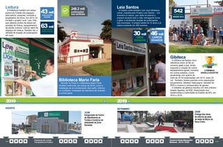 PrestaçãodeContas
TransparênciaPública
GovernoPauloAlexandre
Barbosa•2013/2020
222 223
Biblioteca Mario Faria
Situada no Posto 6, a Biblioteca Mario Faria
recebeu melhorias, em março de 2015, como a
instalação de ar-condicionado (tipo split), reforma
no mobiliário, instalação de extintores de incêndio
e pintura geral.
Leitura
A Prefeitura mantém em vários
pontos da Cidade oito espaços
para leitura, pesquisa, consulta e
empréstimo de livros. Em 2015, foi
iniciado o projeto Leve, Leia, Doe,
que oferece pontos de leitura em
paradas de ônibus, equipamentos
de saúde, turismo, cultura, além de
displays em ônibus. Também faz a
retirada de doação de publicações
em casa.
T43mil
PUBLICAÇÕES
DOADAS
T63mil
PUBLICAÇÕES
ARRECADADAS
publicações
aos santistas
248.2 mil Leia Santos
A Cidade conta também com uma biblioteca
móvel, mantida pelo Projeto Leia Santos – Um
Incentivo à Leitura, que visita os bairros e
eventos durante todo o mês, entregando livros
e gibis, e recebendo doação de publicações
dos munícipes. O projeto existe há 14 anos e já
esteve presente em 490 eventos.
LIVROS
DOADOS
T46mil
GIBIS
DOADOS
30mil
Gibiteca
A Gibiteca de Santos virou
referência entre os fãs do
universo geek e pop, tendo
inspirado a criação de outros
equipamentos iguais, inclusive
em outros estados. Conta
atualmente com acervo de
mais de 35 mil publicações- em 2012, eram 25
mil. Também recebe eventos como exposições,
lançamentos, debates, bate-papos, sessões de
RPG e cinema e campeonatos de games.
O trabalho da gibiteca resultou em dois prêmios
Angelo Agostini, da AQC (Associação dos
Quadrinistas e Cartunistas do Estado de SP), em
2016 e 2018.
542
EVENTOS
DESDE 2013
2 PRÊMIOS
ANGELO AGOSTINI
2019 2019
31/08
Inauguração do Centro
de Atendimento ao
Turista e Comércio de
Artesanato da Zona
Noroeste
AGOSTO
20/09
Entrega das obras
de reforma da pista
de skate do Morro da
Nova Cintra
SETEMBRO
 