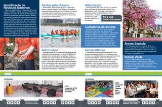 PrestaçãodeContas
TransparênciaPública
GovernoPauloAlexandre
Barbosa•2013/2020
258 259
Santos pelo Oceano
Anualmente, desde junho de 2017, o Município
realiza o evento Santos Pelo Oceano, atividade de
conscientização ambiental com o objetivo de chamar
a atenção para a importância da conservação do
meio ambiente marinho, principalmente na questão
do descarte incorreto de lixo.
Identificação de
Resíduos Marinhos
Santos é referência para a pesquisa de lixo nas
praias. Em 2018, a Cidade assinou convênio com
a Agência Ambiental da Suécia, Associação Brasi-
leira de Empresas de Limpeza Pública e Resídu-
os Especiais (Abrelpe) e Universidade Federal de
São Paulo (Unifesp) para o Programa de Identifi-
cação de Resíduos Marinhos, que prevê análises
regulares de pesquisadores na orla e a inserção
destes dados em planilha no Programa Nacional
de Combate ao Lixo no Mar. O estudo pioneiro já
identificou mais de 90 tipos diferentes de resíduos
e vai permitir o aprimoramento das políticas públi-
cas e a otimização de recursos. Ainda deu origem
ao programa federal Lixo Fora D’água, que incluiu
outras seis cidades litorâneas do País.
Areia Limpa
Desdobramento do Programa de Identificação das
Fontes de Resíduo Marinho, no verão 2019/2020 foi
estabelecido o projeto-piloto Areia Limpa. Dois am-
bulantes que atuam na faixa de areia foram treinados
e receberam mesas, baldes de lixo, bituqueiras de
bambu, copos descartáveis e canudos compostáveis.
Foram capacitados sobre descarte correto de resídu-
os em um workshop, que contou com a participação
de profissionais de diversas áreas como biólogos,
engenheiros ambientais e designers.
FEVEREIRO
07/02
Inauguração da Vila
da Beleza- Salão
Autoestima
Arborização
Santos ganhou, em junho de 2013, o primeiro
plano municipal de arborização urbana, que
estabeleceu como prioridade a utilização de
espécies nativas da Mata Atlântica, como
quaresmeira, manacá
da serra, ipê, pata-
de-vaca, embiruçu e
grumixama.
Censo arbóreo
Estima-se que Santos possua cerca de 35 mil
árvores nos espaços públicos. Para apurar esse
número com exatidão, todas as espécies do território
e outras informações, iniciou em dezembro de
2018 o maior Censo Arbóreo da Cidade. Já foram
concluídos bairros como a Pompeia, Gonzaga,
Boqueirão, a orla da praia, todas as avenidas dos
canais e escolas. Restam cerca de 18 mil árvores a
serem contabilizadas nas zonas Leste e Noroeste.
Cuidadores de árvores
Santos formou, em 2019, seus primeiros
cuidadores de árvores. Um grupo de 90
voluntários passou por treinamento, informações
teóricas (legislação, fiscalização e botânica)
e práticas. Todos receberam cerificado digital
e uma credencial. Iniciativa foi uma forma
de incentivar a participação popular, tanto
no plantio como na manutenção das árvores
dos espaços públicos, e também fazer dos
cuidadores auxiliares na fiscalização arbórea.
Cidade Verde
Com o objetivo de estimular que mais
empresas adotem, conservem e revitalizem
espaços verdes públicos, a Prefeitura aprimorou
o programa Adote uma Praça em 2016 e o
transformou no Cidade Verde. Atualmente, são
18 praças adotadas.
Árvore Símbolo
A Prefeitura lançou, em maio de 2017, um
concurso popular para escolher, pela internet, a
árvore símbolo da Cidade. Com 1.071 votos, o
ipê foi o escolhido pela população (aroeira teve
144 votos e o guanandi, 76).
FEVEREIRO
08/02
Inauguração
da UME
Terezinha
Maria
Calçada
Bastos
ÁRVORES já foram plantadas
16,7 mil
2020 2020
 