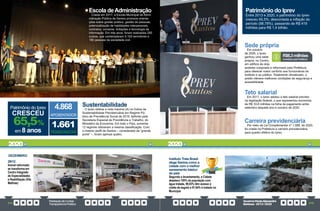 PrestaçãodeContas
TransparênciaPública
GovernoPauloAlexandre
Barbosa•2013/2020
314 315
29/12
Imóvel reformado
se transforma em
Centro Integrado
de Especialidades
e Reabilitação (Vila
Mathias)
DEZEMBRO
4.868
APOSENTADOS
1.661
PENSIONISTAS
Patrimônio do Iprev
CRESCEU
em 8 anos
65,5%
Escola deAdministração
Criada em 2017, a Escola Municipal de Admi-
nistração Pública de Santos promove orienta-
ções sobre gestão pública, gestão de pessoas,
potencialização de habilidades interpessoais,
contratos, compras, licitações e tecnologia da
informação. Em três anos, foram realizados 295
cursos, que contemplaram 5.163 servidores e
185 pessoas da sociedade civil.
Sustentabilidade
O Iprev obteve a nota máxima (A) no Índice de
Sustentabilidade Previdenciária em Regime Pú-
blico de Previdência Social de 2019, definido pela
Secretaria Especial de Previdência e Trabalho, do
Ministério da Economia. Em todo o País, somente
12 regimes obtiveram a mesma classificação. Com
o mesmo perfil de Santos – considerado de “grande
porte” –, foram apenas quatro.
Patrimônio do Iprev
Entre 2013 e 2020, o patrimônio do Iprev
cresceu 65,5%, descontada a inflação do
período (98,78%), passando de R$ 419
milhões para R$ 1,4 bilhão.
Sede própria
Em outubro
de 2020, o Iprev
ganhou uma sede
própria, no Centro,
em edifício de dois
andares comprado e reformado pela Prefeitura
para oferecer maior conforto aos funcionários do
instituto e ao público. Totalmente climatizado, o
prédio oferece melhores condições de segurança e
acessibilidade.
Carreira previdenciária
Por meio da Lei Complementar nº 1.089, de 2020,
foi criada na Prefeitura a carreira previdenciária,
para quadro efetivo do Iprev.
Teto salarial
Em 2017, o Iprev adotou o teto salarial previsto
na legislação federal, o que representou economia
de R$ 33,8 milhões na folha de pagamento entre
setembro daquele ano e outubro de 2020.
Instituto Trata Brasil
elege Santos como a
cidade com o melhor
saneamento básico
do país
Segundo o levantamento, a Cidade
abastece 100% da população com
água tratada, 99,93% têm acesso à
coleta de esgoto e 97,64% é tratado no
Município
investidos pela Prefeitura
R$6,3milhões
2020 2020
 