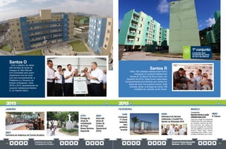 PrestaçãodeContas
TransparênciaPública
GovernoPauloAlexandre
Barbosa•2013/2020
52 53
JANEIRO
28/01
Início das
obras do
Centro de
Controle
Operacional
(CCO)
26/01
Cerimônia de reabertura da Concha Acústica
27/01
Entrega de
obras de
revitalização
da Praça
Nossa Senhora
Aparecida
Santos O
Com o objetivo de retirar
205 famílias de áreas de
mangue do São Manoel,
com prioridade para quem
atualmente vive em local
sob risco socioambiental, a
Prefeitura e o Governo do
Estado entregaram, entre
2018 e 2019, apartamentos do
conjunto habitacional Santos
O, no mesmo bairro.
Santos R
Mais 128 unidades habitacionais foram
entregues no conjunto habitacional
Santos R, no Morro da Nova Cintra, em
fevereiro de 2019. Estas foram reservadas
exclusivamente para famílias que viviam em
áreas de risco nos próprios morros. Está
prevista, ainda, a entrega de outras 198
unidades do conjunto, já em obras.
FEVEREIRO MARÇO
13/02
Entregues
11 novas
estações
para
ginástica
na praia
03/02
Assinatura do decreto
instituindo o Comitê Pro-
Santos na Olimpíada 2016
06/03
A Tribuna
construído para
moradores em áreas
de risco dos Morros
1º conjunto
2015 2015
 