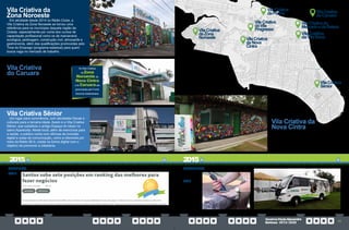 PrestaçãodeContas
TransparênciaPública
GovernoPauloAlexandre
Barbosa•2013/2020
76 77
Vila Criativa da
Zona Noroeste
Em atividade desde 2014 no Rádio Clube, a
Vila Criativa da Zona Noroeste se tornou uma
referência para os munícipes daquela região da
Cidade, especialmente por conta dos cursos de
capacitação profissional como os de marcenaria
ecológica, jardinagem, construção civil, almoxarife e
gastronomia, além das qualificações promovidas pelo
Time do Emprego (programa estadual) para quem
busca vaga no mercado de trabalho.
Vila Criativa Sênior
Um lugar para convivência, com atividades físicas e
culturais para a terceira idade. Assim é a Vila Criativa
Sênior, que substituiu o antigo Espaço do Idoso no
bairro Aparecida. Neste local, além de exercícios para
a saúde, o público conta com oficinas de inclusão
digital e aulas de comunicação, como a oferecida por
meio da Rádio 60.0, criada na forma digital com o
objetivo de promover a cidadania.
Vila Criativa
do Caruara
Escola de moda e padaria artesanal
estão entre as atividades oferecidas
na Vila Criativa do Caruara, na Área
Continental. A unidade foi instalada na
Subprefeitura do bairro, após reforma
promovida pela Prefeitura.
As Vilas Criativas
da Zona
Noroeste, da
Nova Cintra
e do Caruarasão
gerenciadas pelo Fundo
Social de Solidariedade.
OUTUBRO
30/10
Santos
Portal
VilaCriativa
doCaruara
VilaCriativa
daVilaNova
VilaCriativa
daNova
Cintra
VilaCriativa
daZona
Noroeste
VilaCriativa
Sênior
VilaCriativado
MercadoedaBeleza
VilaCriativa
daVila
Progresso
VilaCriativa
daPenha
NOVEMBRO
04/11
Entrega da
segunda
unidade do
Castramóvel
Vila Criativa da
Nova Cintra
Primeira Vila Criativa da Região dos Morros,
a unidade da Nova Cintra funciona desde
2015, com cursos de capacitação como os de
corte e costura e outros voltados à inserção
social e ao mercado de trabalho.
2015 2015
 