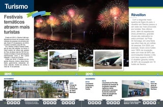 PrestaçãodeContas
TransparênciaPública
GovernoPauloAlexandre
Barbosa•2013/2020
82 83
Turismo
Criado em 2015, o Santos Café rapi-
damente se tornou um sucesso e atrai
milhares de pessoas (na primeira edi-
ção, foram 37 mil pessoas e, em 2019,
o público aumentou para 80 mil).
Já o Santos Criativa Festival Geek,
que já teve três edições, se tornou o
maior evento de cultura pop gratuito
do País, já atraiu mais de 100 mil mu-
nícipes e turistas e trouxe até atrações
internacionais como o ator Carlos
Villagrán, o Quico do Chaves.
Criado em 2019, o Festival do Imi-
grante ofereceu música, dança típica,
teatro, gastronomia, artesanato, ofi-
cinas culturais, mostra de cinema a
mais de 15 mil pessoas.
Festivais
temáticos
atraem mais
turistas
NOVEMBRO
12/11
Entrega de
obras de
revitalização
do Teatro
Municipal
Réveillon
Com a segunda maior
queima de fogos do país, o
réveillon em Santos passou a
ser cada vez mais procurado
por turistas. Nos últimos
anos, além do espetacular
show pirotécnico, grandes
shows são realizados no
palco principal, na Praia
do Gonzaga, em uma festa
que atrai mais de um milhão
de pessoas. Em 2020, por
exemplo, foram cinco hotéis
com 100% de ocupação,
sete com mais de 90% das
acomodações lotadas e três
com taxa superior a 80%.
O réveillon garantiu média
de 92% de ocupação em 16
hotéis de Santos.
DEZEMBRO
01/12
Lançamento
do programa
Cuidar em
Família
02/12
Lançamento do Pró-Vida
(programa de remoção de
ocupações irregulares,
vigilância e danos
ambientais) e assinatura
do decreto instituindo
a Base de Emergências
Municipal (BEM)
04/12
Início das
obras da
Policlínica
Vila Nova
2015 2015
 