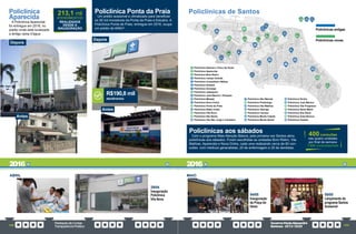 PrestaçãodeContas
TransparênciaPública
GovernoPauloAlexandre
Barbosa•2013/2020
108 109
ABRIL MAIO
29/04
Inauguração
Policlínica
Vila Nova
Policlínica
Aparecida
A Policlínica Aparecida
foi entregue em 2016, no
prédio onde está localizada
a antiga caixa d’água.
Policlínica Ponta da Praia
Um prédio acessível e climatizado para beneficiar
os 35 mil moradores da Ponta da Praia e Estuário. A
Policlínica Ponta da Praia, entregue em 2016, ocupa
um prédio de 649m².
REALIZADOS
DESDE A
INAUGURAÇÃO
213,1 mil
ATENDIMENTOS
atendimentos
R$190,8 mil
04/05
Inauguração
da Praça do
Idoso
05/05
Lançamento do
programa Santos
Acessível
Antes
Antes
2016 2016
Depois
Depois
2
1
3
4 5
6
7
8
9
10
11
12
13
14
15
16
17
18
19
20
23
21 22
24
25
26
27
28
29
30
Policlínica Alemoa e Chico de Paula
Policlínica Aparecida
Policlínica Bom Retiro
Policlínica Campo Grande
Policlínica Conselheiro Nébias
Policlínica Embaré
Policlínica Gonzaga
Policlínica Jabaquara
Policlínica José Menino / Pompeia
Policlínica Marapé
Policlínica Nova Cintra
Policlínica Ponta da Praia
Policlínica Rádio Clube
Policlínica Vila Nova
Policlínica São Bento
Policlínica Vila São Jorge e Caneleira
Policlínica São Manoel
Policlínica Piratininga
Policlínica Vila Mathias
Policlínica Valongo
Policlínica Caruara
Policlínica Monte Cabrão
Policlínica Monte Serrat
Policlínica Penha
Policlínica José Menino
Policlínica Vila Progresso
Policlínica Santa Maria
Policlínica Ilha Diana
Policlínica Areia Branca
Policlínica Castelo
1
2
3
4
5
6
7
8
9
10
11
12
13
14
15
16
17
18
19
20
21
22
23
24
25
26
27
28
29
30
Policlínicas antigas
Policlínicas novas
Policlínicas de Santos
Policlínicas aos sábados
Com o programa Mais Atenção Básica, pela primeira vez Santos abriu
policlínicas aos sábados. Foram escolhidas as unidades Bom Retiro, Vila
Mathias, Aparecida e Nova Cintra, cada uma realizando cerca de 60 con-
sultas com médicos generalistas, 20 de enfermagem e 20 de dentistas.
nas quatro unidades
por final de semana
1.600 consultas/mes
400consultas
 