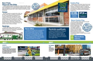 PrestaçãodeContas
TransparênciaPública
GovernoPauloAlexandre
Barbosa•2013/2020
146 147
Novo Olhar
O programa Novo Olhar inovou no atendimento
à população em situação de rua, articulando
todos os equipamentos, serviços e iniciativas
para fortalecer o trabalho nesta área. Lançado
em julho de 2018, já contabiliza mais sete mil
atendimentos, 10 mil abordagens sociais, mais
de 1.200 recâmbios (retorno à cidade de origem),
além de ampliação de equipe, novas iniciativas e
o engajamento gradativo da sociedade.
Censo
Uma das iniciativas do programa Novo Olhar, que
permite nortear todos os trabalhos da assistência,
foi o censo da população em situação de rua.
Durante a gestão foram realizados dois censos,
o primeiro, em parceria com a AFIP, em 2014 e,
posteriormente, em 2019, parceria com a Unifesp.
Durante a realização do levantamento, entre outubro
do mesmo ano e o segundo semestre de 2020,
aproximadamente 100 pessoas, divididas em dez
equipes, se envolveram no trabalho de campo, que
percorreu todos os bairros da Cidade.
Seabrigo
O abrigo para Adultos, Idosos e Famílias em
Situação de Rua (SeAbrigo-Aif) ganhou uma sede
maior em maio de 2015, ampliando a capacidade de
atendimento de 30 para 50 pessoas.
Terceira cidade do País
em limpeza urbana
Segundo o Índice de Sustentabilidade
da Limpeza Urbana (ISLU), elaborado
pelo Sindicato Nacional das Empresas
de Limpeza Urbana e pela consultoria
PricewaterhouseCoopers
AGOSTO
Recâmbio qualificado
Dentre os diversos serviços ofertados para
as pessoas em situação de rua, a Prefeitura
oferece o retorno ao convívio familiar e
comunitário em sua cidade de origem, por
meio do recâmbio qualificado. Desde 2017,
já foram realizados mais de 1.200 recâmbios
para a Capital, alguns municípios do Estado e
outras regiões do País.
Centro Pop
A cidade ganhou seu primeiro Centro Pop em julho
de 2013, localizado na Rua Conselheiro Saraiva, na
Vila Nova. O equipamento oferece um espaço de
convivência com oficinas culturais e socioeducativas
que proporcionam reflexão e autoconhecimento a
fim de facilitar a reinserção social da população em
situação de rua.
Novo Centro Pop
Em 2019, o serviço mudou para uma nova sede
na Rua Amador Bueno (Paquetá),
aumentando a capacidade de 45
para 60 pessoas por dia. Além
de banho e alimentação, conta
com lavanderia, vestiário
com fraldário, refeitório com
área de convivência e jogos,
armários e canil. Há, também,
sala de informática e cinema.
São oferecidos cursos para inclusão
no mercado de trabalho e oficinas culturais de teatro,
dança e música.
Bom Prato
do Dique da
Vila Gilda
construído
sem custos
para o Município
(recursosdoBailedaCidadeeparceria
comainiciativaprivada)
65MIL 67,9mil
ABORDAGENS ATENDIMENTOS
REALIZADASA
PESSOAS EM
SITUAÇÃO DE RUA
REALIZADOS NO
EQUIPAMENTO
SETEMBRO
28/09
Sanção da lei
que estabelece
o Plano Diretor
de Turismo
investidos pela
Iniciativa Privada
R$2.6milhões
2017 2017
Bom Prato
Dique da Vila Gilda
O quarto restaurante popular da Cidade fica no Dique da Vila Gilda, inaugu-
rado em dezembro de 2018, e extremamente necessário por ficar na área de
maior vulnerabilidade e com menor expectativa de vida da Cidade. O imóvel
próprio da prefeitura possui 976m², sendo o refeitório de 339m² para atender
280 pessoas.
 